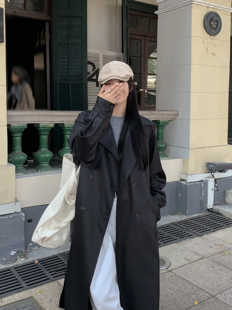 

SMBL RAIN винтажный костюм миди длиной до пола, женская куртка с воротником, верхняя одежда, длинное пальто из полиэфирного волокна с двойной пуговицей све