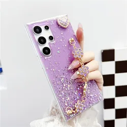 Luxury Glitter Gem Bracelet Flower Phone Cases For Samsung Galaxy S24 S23 S22 S21 S20 FE Ultra Plus Note 20 Ultra 10 Cover Coque