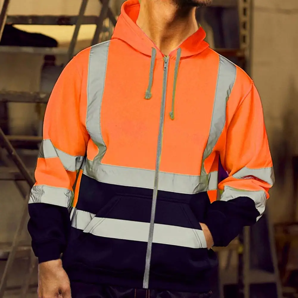 

Reflective Strip Men Hoodie Coat Safe Warning Color Matching Drawstring Cold-Proof Outdoor Work Jacket Sanitation Overalls