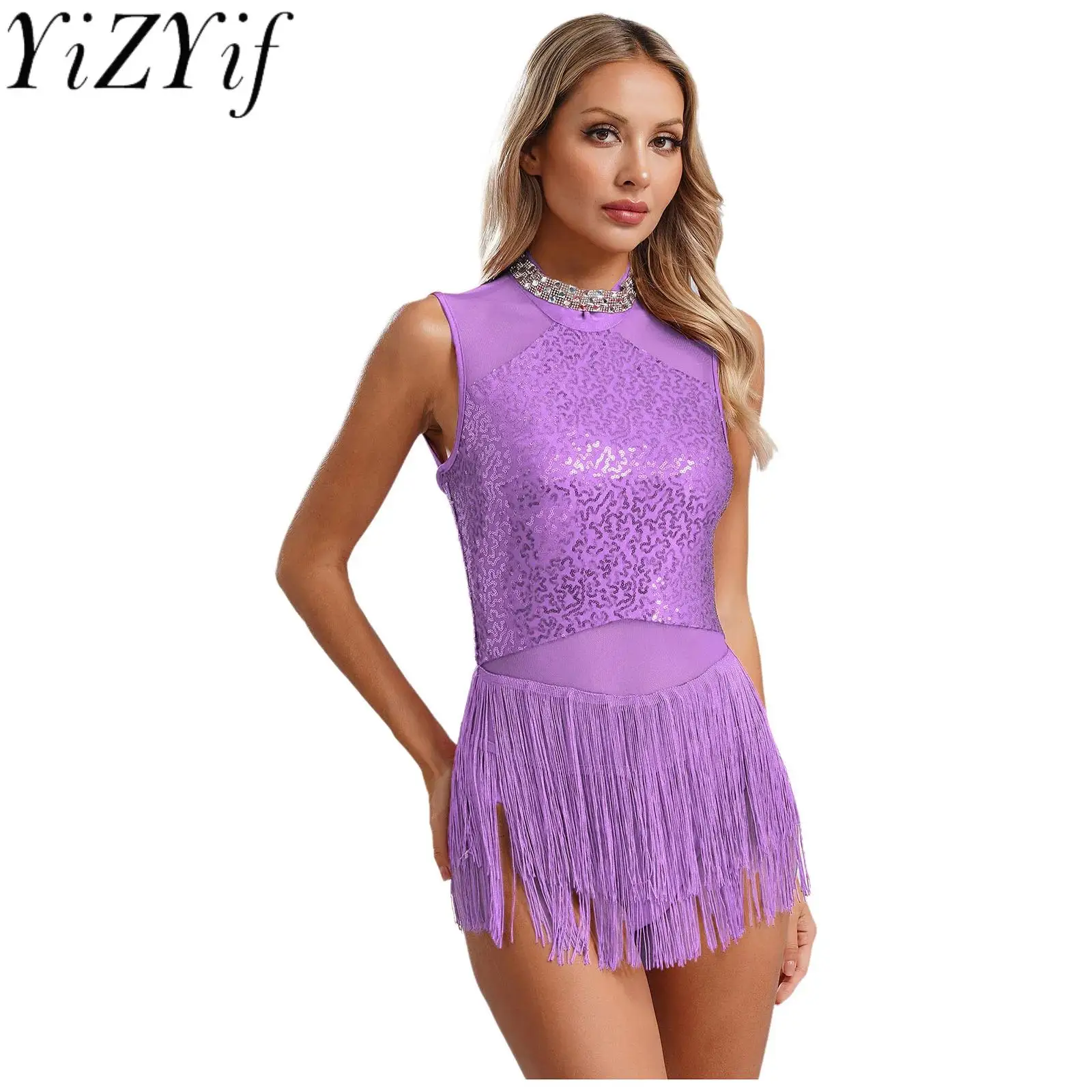 

Women Glittery Latin Tango Rumba Dance Performance Dress Lyrical Rhinestones Cha-Cha Samba Latin Competition Dance Costume