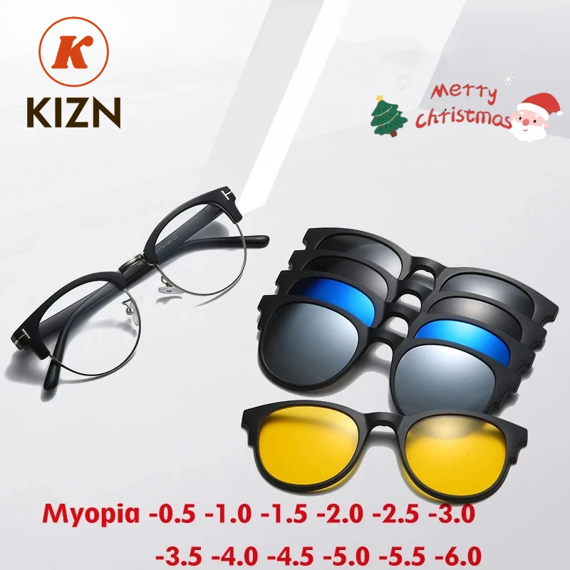 KIZN 6 في 1 مشبك مغناطيسي لقصر النظر نظارات شمسية مستديرة للرجال مستقطبة TR90 إطار وصفة طبية مخصصة نظارات نسائية ريترو-0.5 إلى -6.0 #1