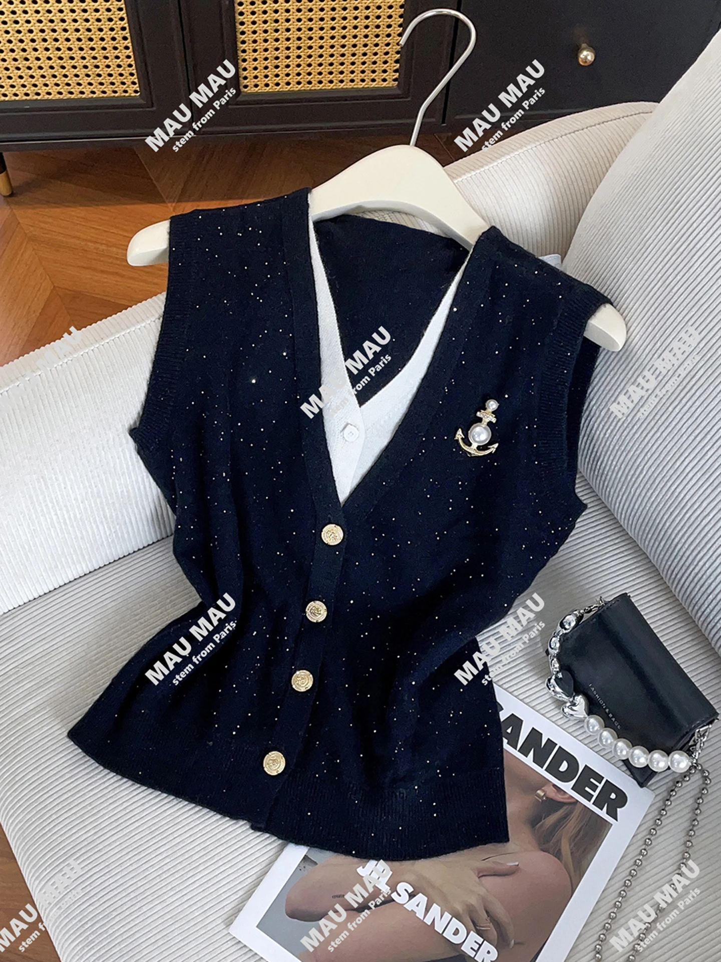 

Высококачественный женский вязаный жилет, топ V-Ne для колледжа, искусственный двухсекционный, длина Svel, повседневная одежда, простой Sle