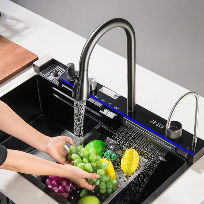 

Smart Kitchen Multifunction Digital Display Waterfall Faucet Single Bowl Luxury Smart Stainless Steel 304 Kitchen Sink