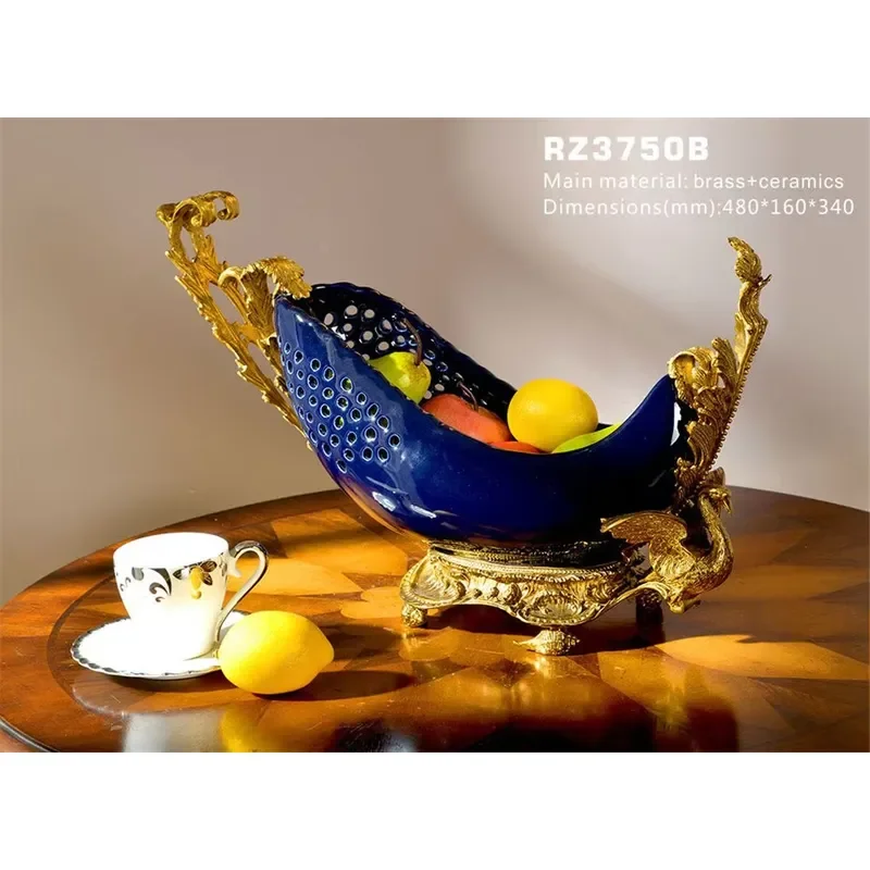 Royal Blue Ceramic Fruit Bowl Vintage Copper Accent Home Decor Elegant Table Centerpiece for Living Room Dining Area Ornament