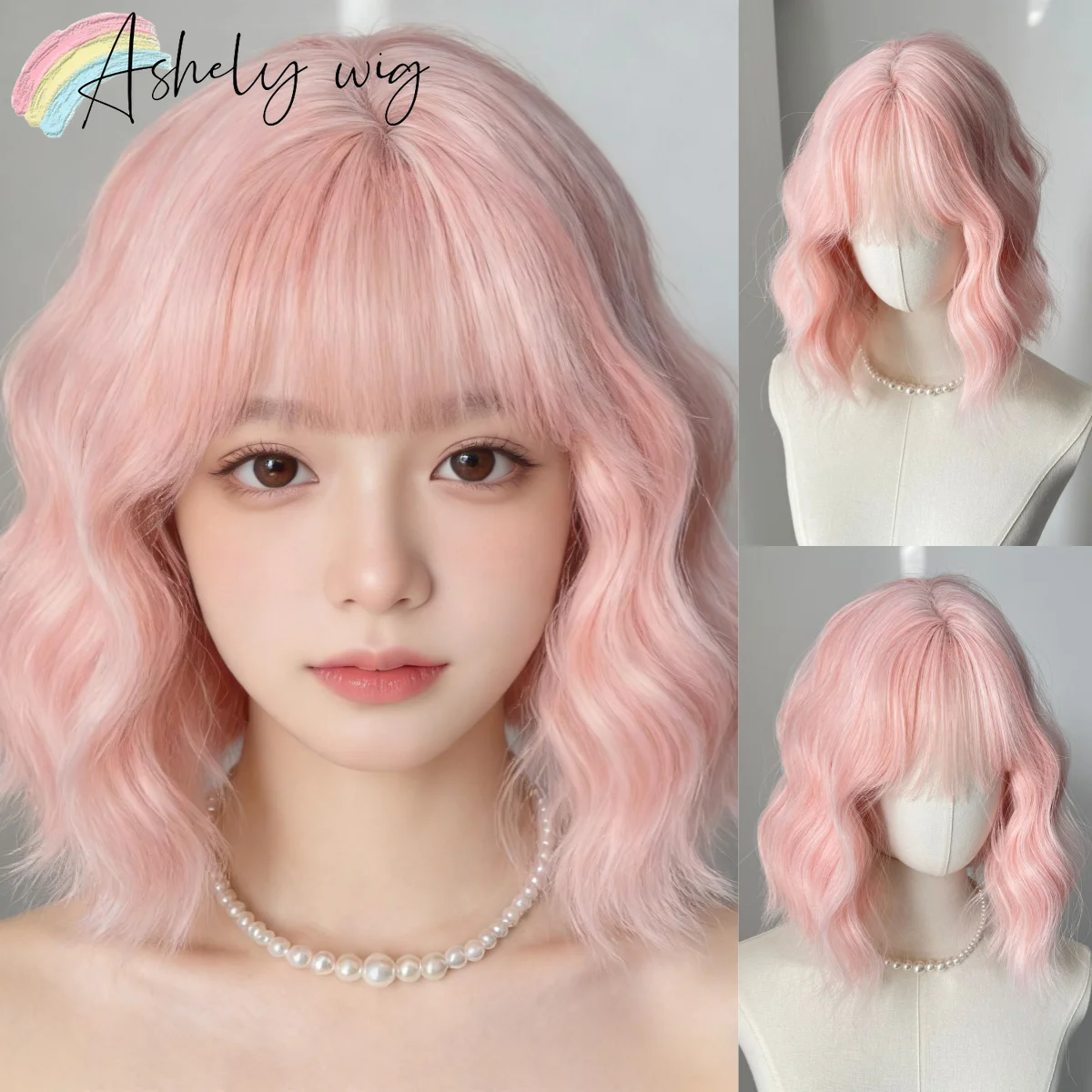 

Молочно-розовый парик в стиле пастель-лолита, 12 дюймов, короткий парик-боб с челкой, светло-розовый короткий парик, высококачественный натуральный синтетический парик для косплея для женщин