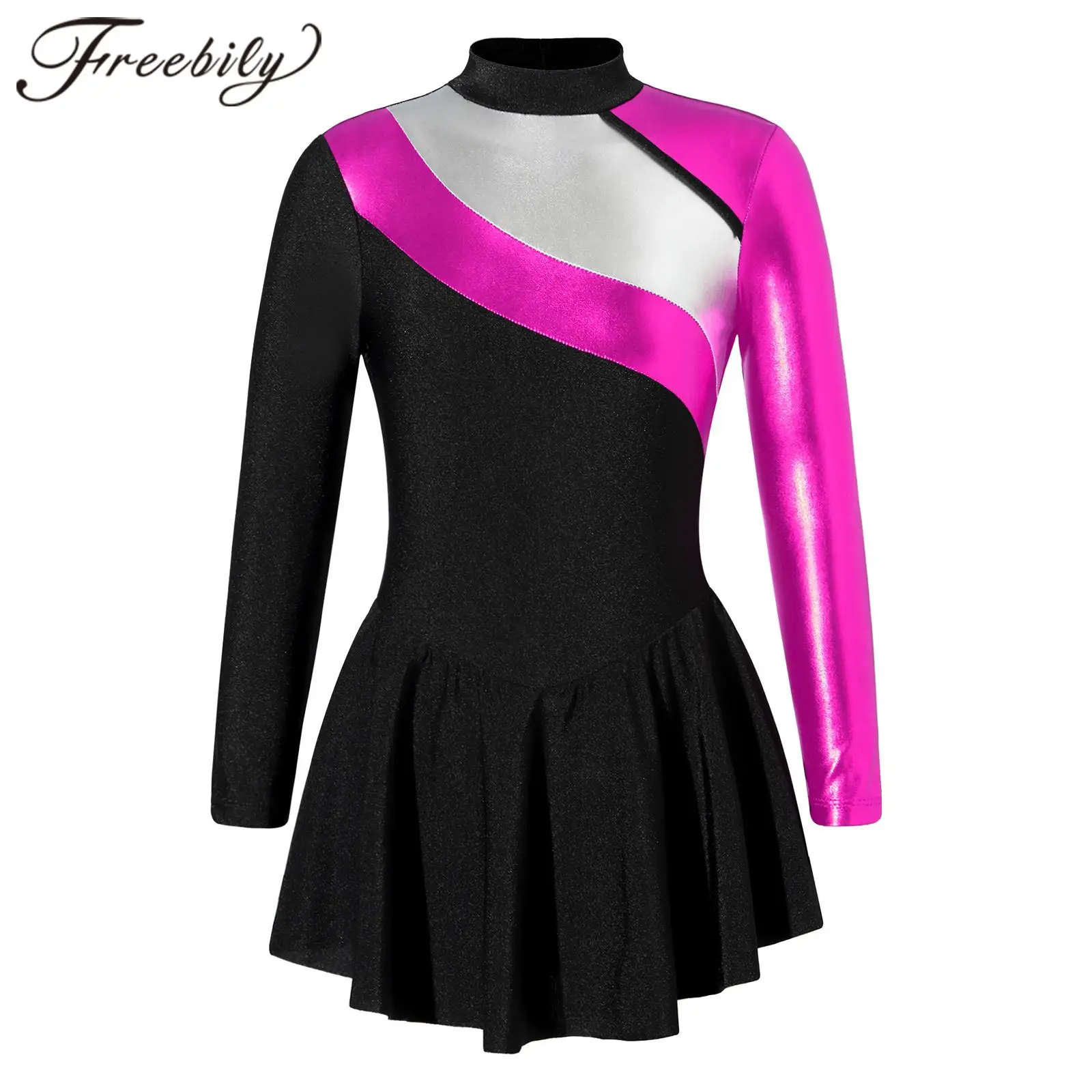 Figure Skating Dress Kids Girls Long Sleeve Patchwork Ice Skating Costume Dance Wear Children Ballet Gymnastics Leotard Dress