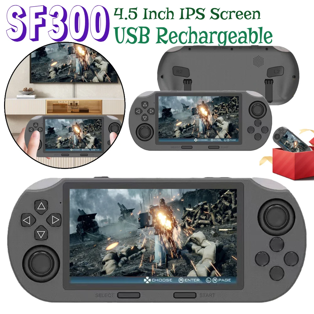 Портативная игровая консоль SF300, 4,5-дюймовый IPS-экран, USB перезаряжаемая портативная игровая консоль в стиле ретро для детей и взрослых