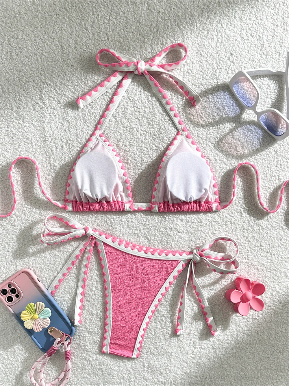 Bikini arrugado con tirantes festoneados para mujer, traje de baño Sexy Y2K con espalda descubierta, trajes de baño para vacaciones, traje de baño, Bikinis para nadar