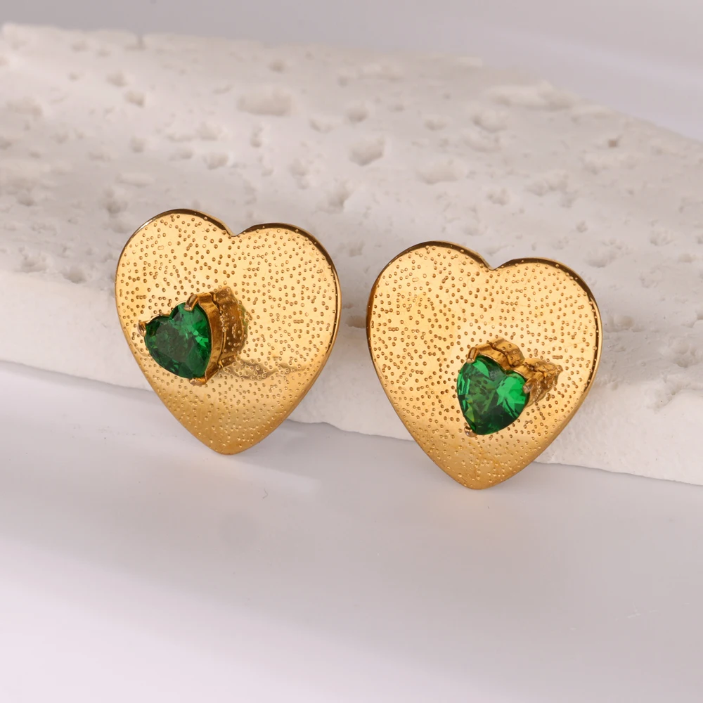 Vintage Green Zircon Heart Earrings for Women Stainless Steel Gold Color Piercing Earrings Fashion Wedding Christmas Jewelry