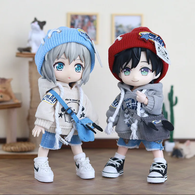 

1/12 BJD Doll Clothes Beige Gray Hoodie Denim Shorts Beanie Hat Crossbody Bag Casual Outfit Set For Ob11 GSC Nendoroid Dolls