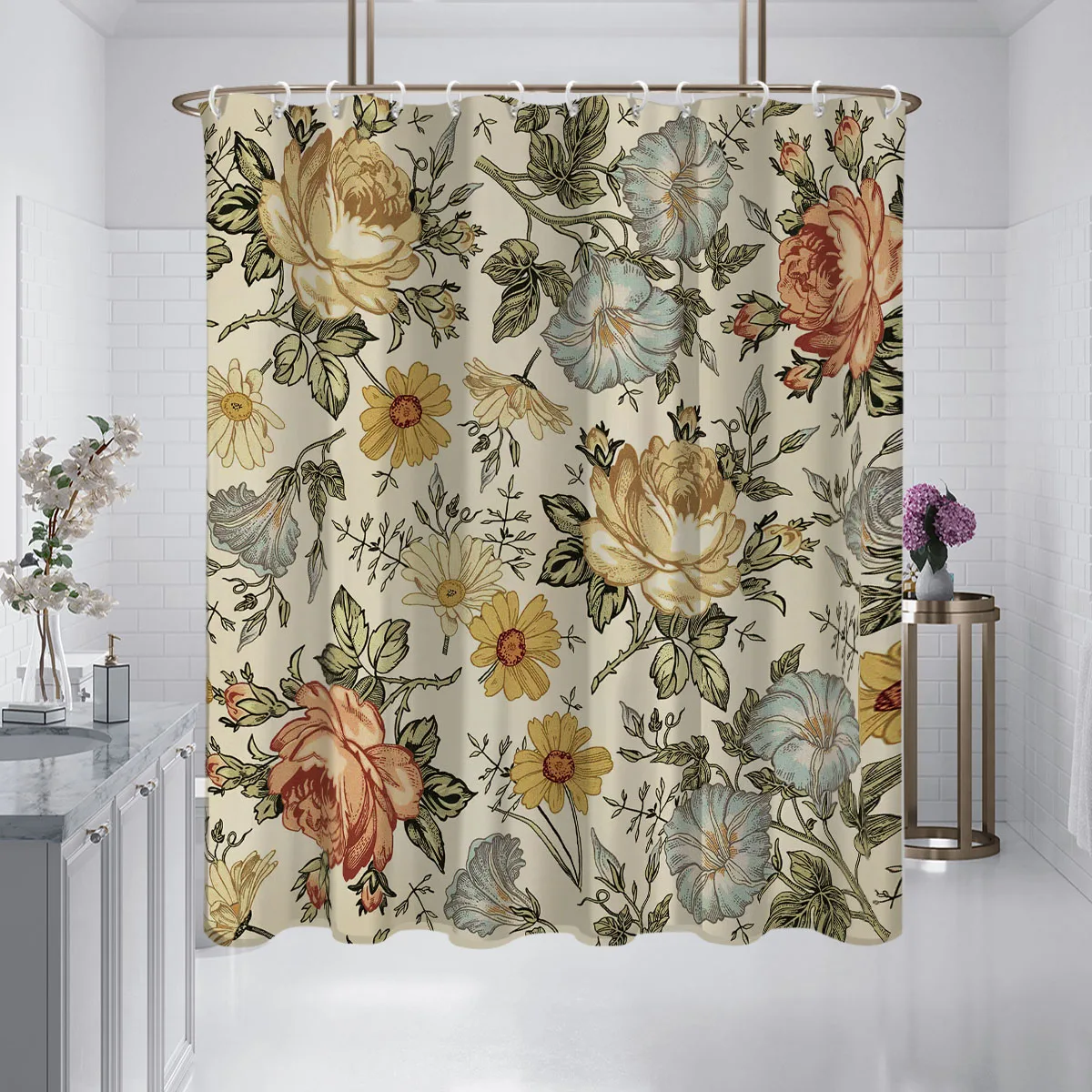 1PC retro flowers pattern printed shower curtain, waterproof and washable, with 12 hooks, suitable for bathroom showers, bathtu