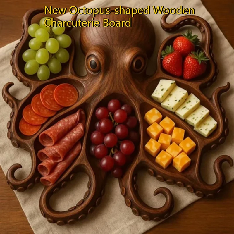

Новая деревянная доска для мясных изделий в форме осьминога — сервировочное блюдо с несколькими отделениями для сыра, фруктов и мяса, демонстрация закусок