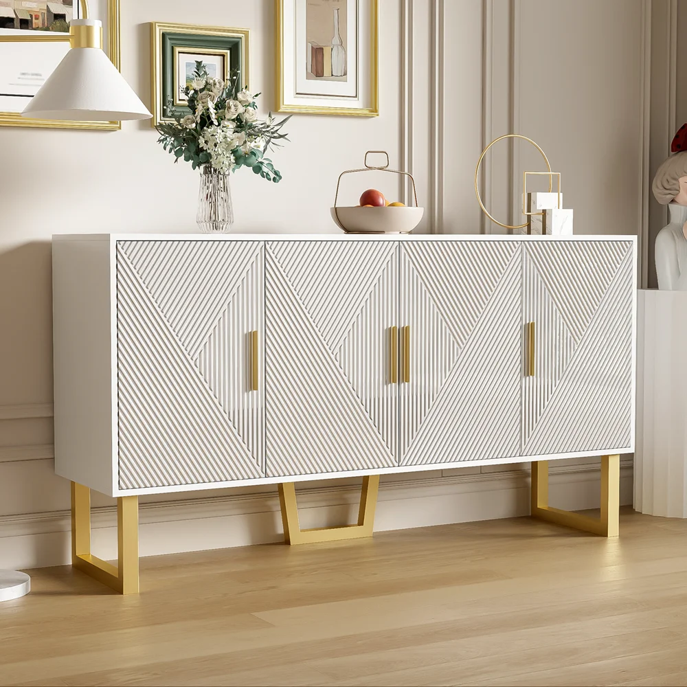 150cm modern, luxurious white sideboard, high-gloss structured doors gold handles 4-door design, height adjustable