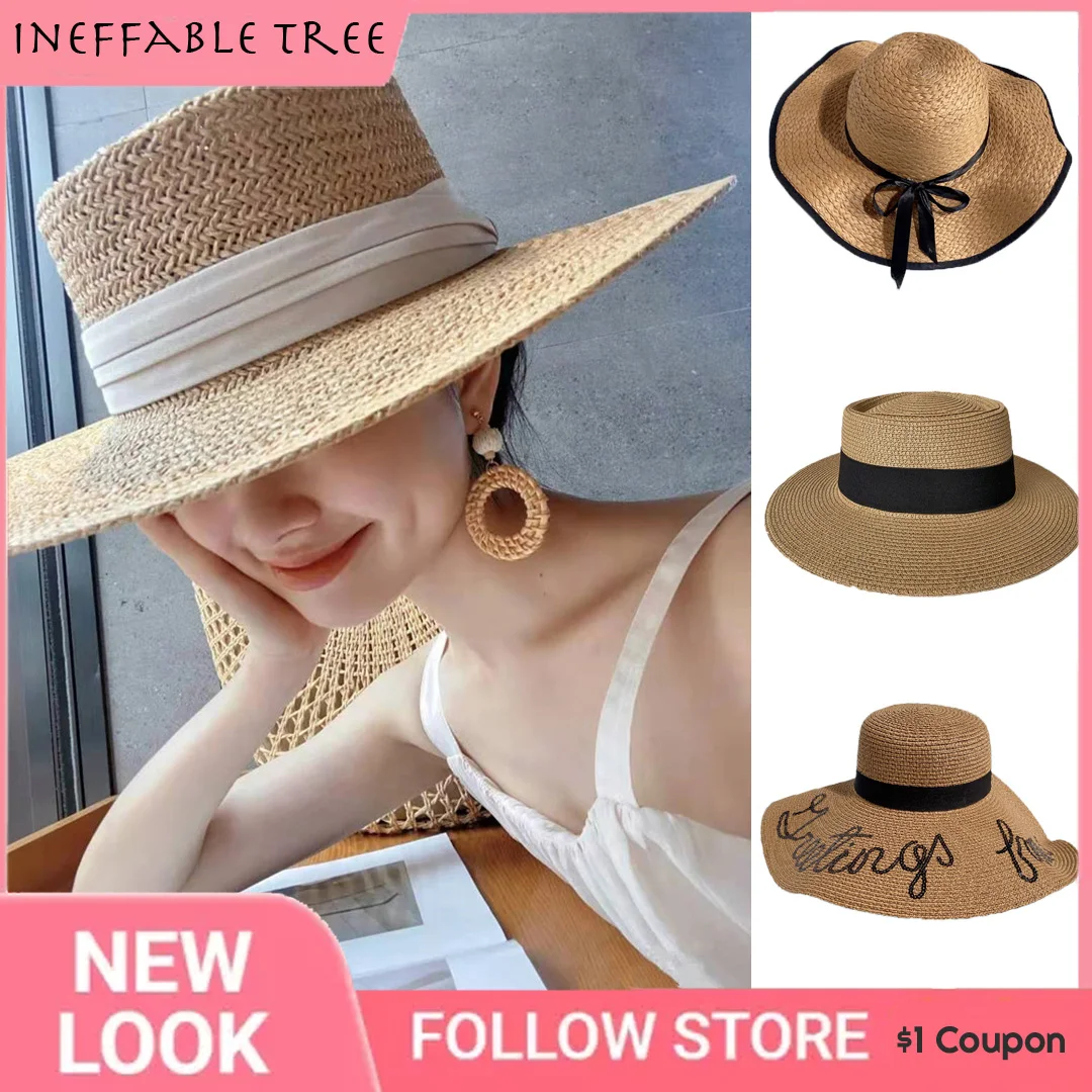 INS French Style Women Summer Sun Beach Flat Straw Hat Kawaii Vacation Panama Straw Woven Small Top Hat White Ribbon Bow Gorras