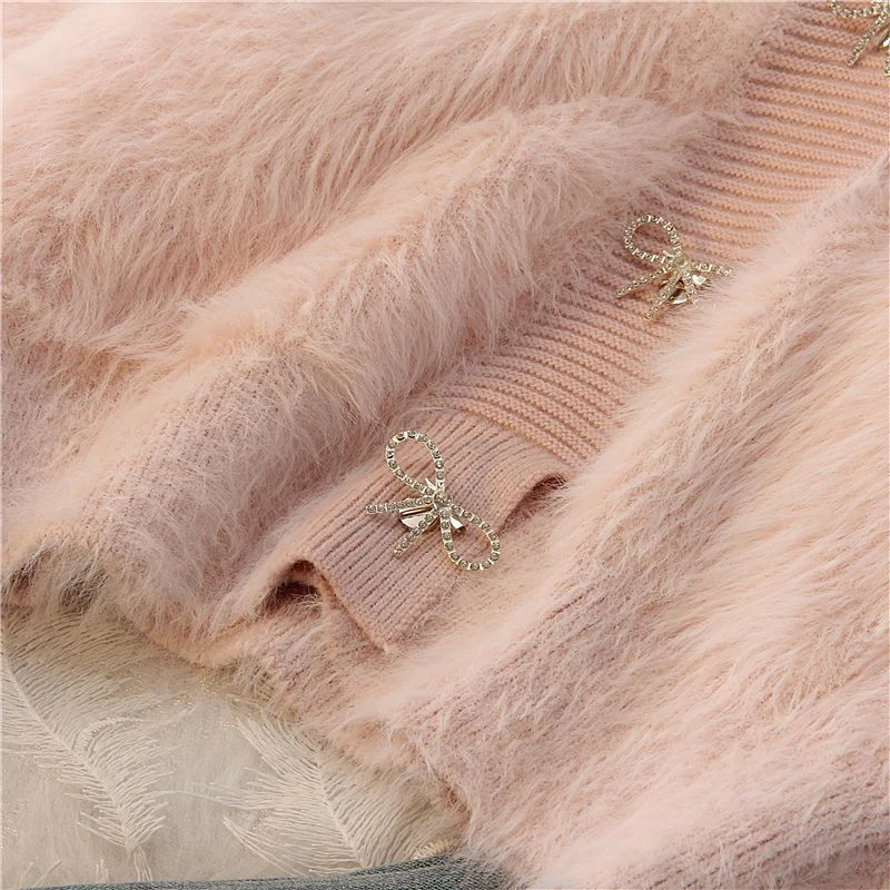 Pink Women Imitation Mink Knitted Cardigan Spring Fall Soft Cropped Tops Korean Bow Loose Sweater V-neck Casual Knitwear Coat