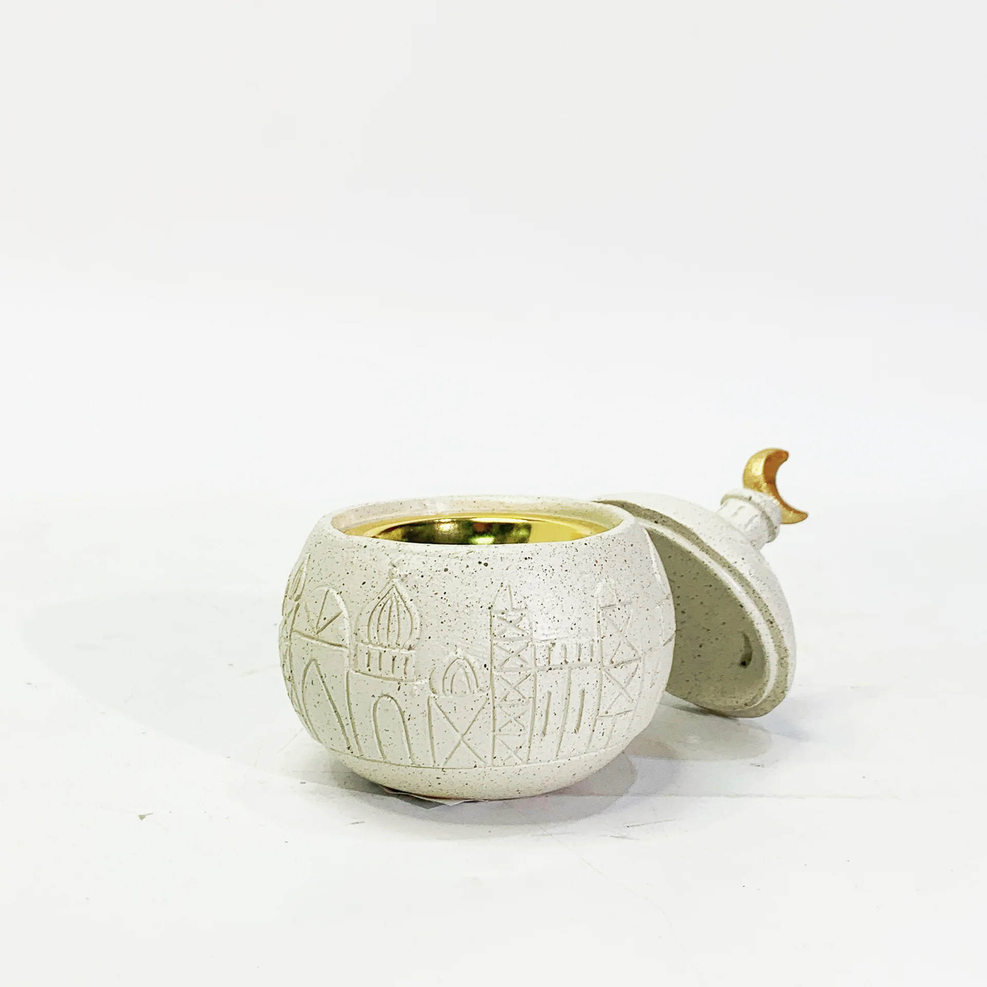 Ceramic Incense Burner White Speckled Censer Gold Moon Finial Mosque Carving Ramadan Eid Home Decor Spiritual Holder Gift