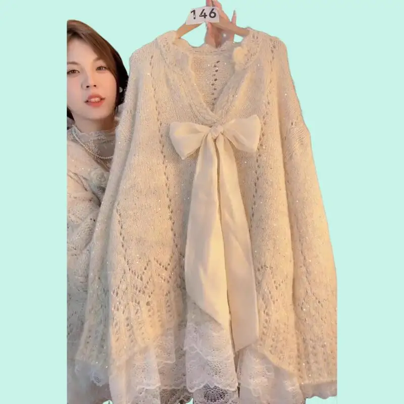 2026 Women Autumnwinter Sweet Western Style Bow Design Long Sweater Lazy Style Cute Soft Lace Splicingloose Comfort Knittedtops