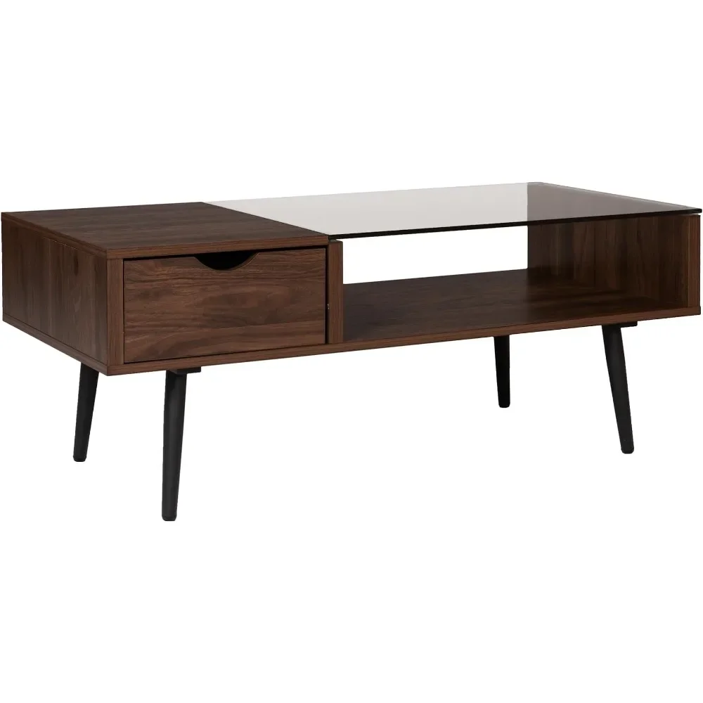 

42 Inch Table Glass and Dark Walnut Dolce Gusto Montclair Mid Century Modern Two Toned 1 Drawer Coffee Table Mesa Lateral Tables