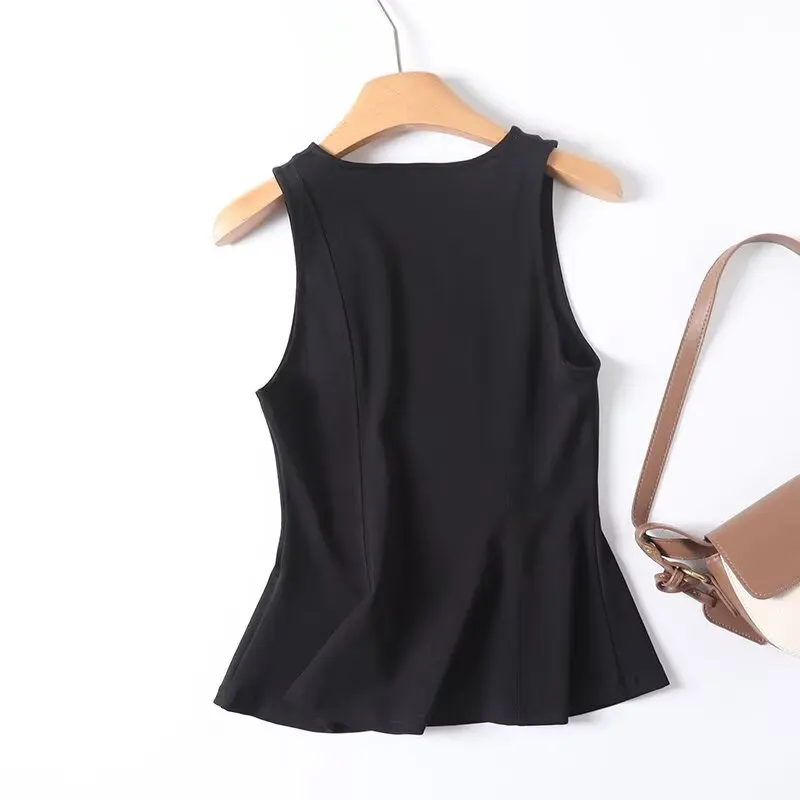 

Jenny&Dave Minimalist Black Sleeveless Vest Shirt Women French Elegant Slim Fit Summer Shirt Blouse Women Round Neck Tank Tops