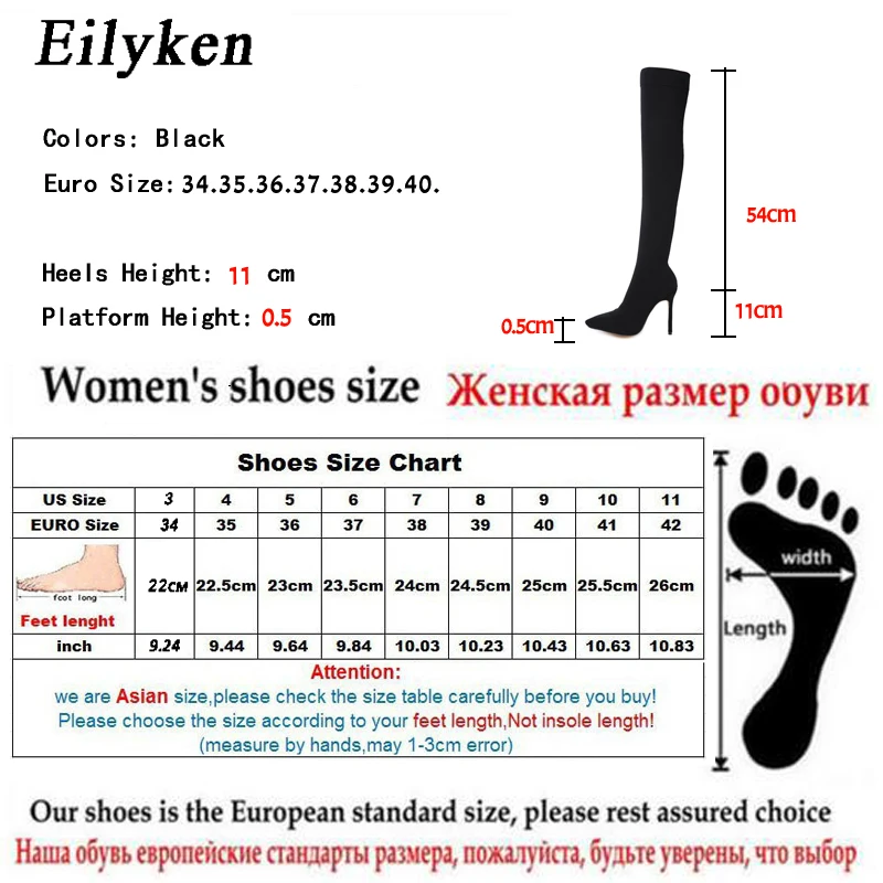 Eilyken moda donna tessuto elasticizzato calzino stivali sopra il ginocchio coscia tacco alto punta a punta stivaletti femminili taglia 35-42