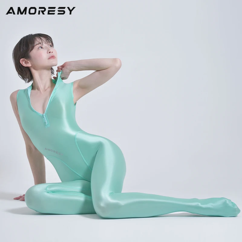 AMORESY Women Ultra-Thin Ice Silk Sheer Sleeveless Catsuit Sexy Front Double-Zipper Bodysuit Full-Length Jumpsuit Spandex Zentai
