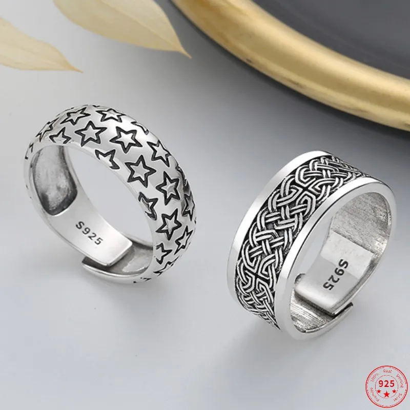 S925 Sterling Silver Ring for Men New Women's Fashion Weaven Pattern Stars Asjustable Pure Argentum  Jewelry Wholesale