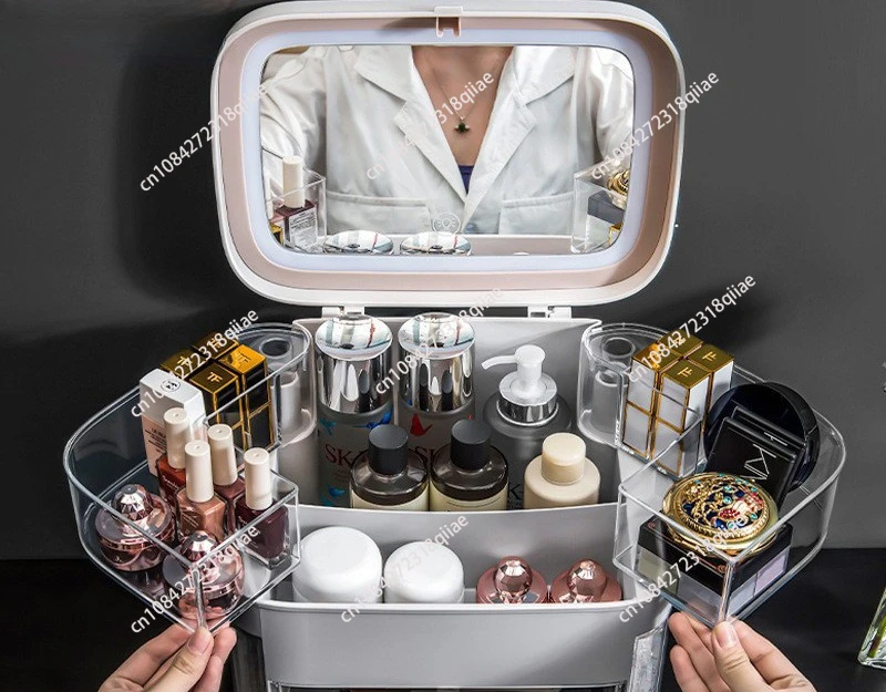 

Cosmetic storage box, dustproof skincare product organizer for dressing table, with cover and mirror, integrated jewelry rack