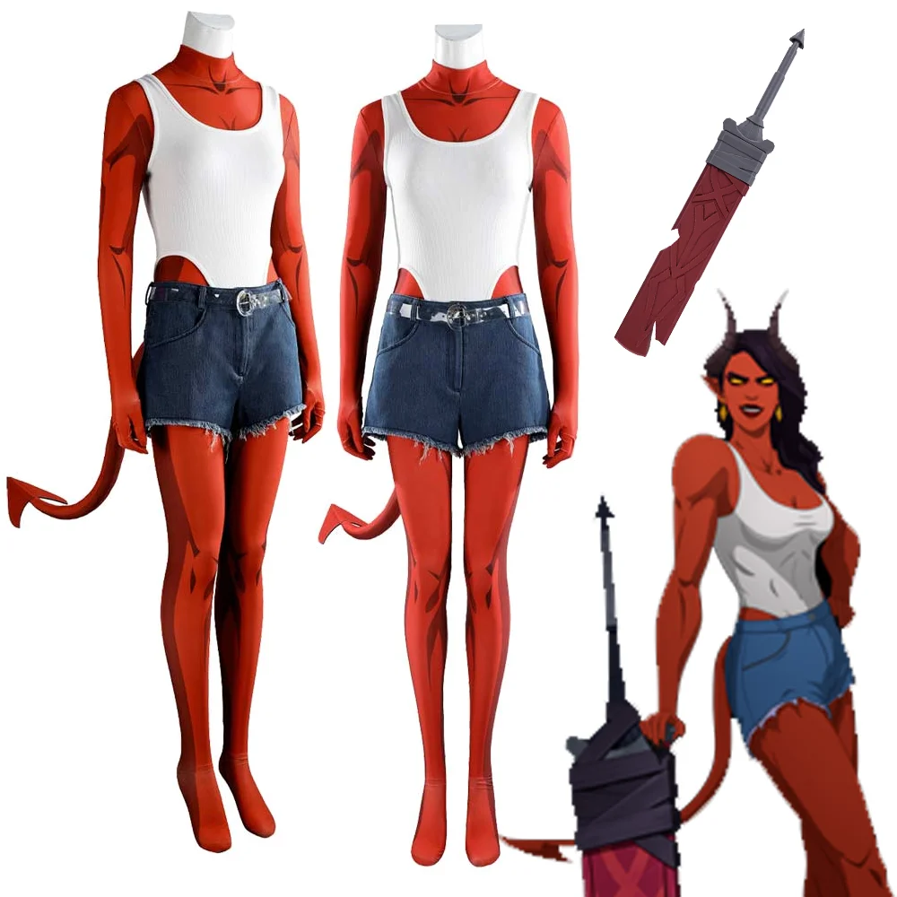

Malevola Cosplay Costume Adult Woman Bodysuit Tank Top Denim Shorts Weapons Toy Game Dispatched Halloween Carnival Fancy Disguis