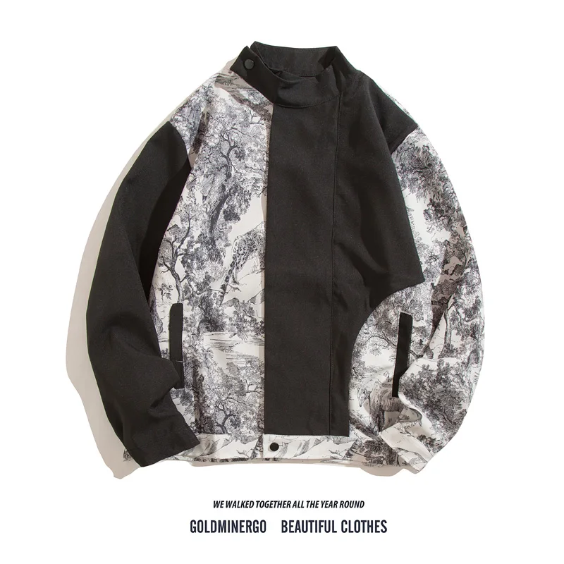 

New Chinese Sle Watercolor Print Jaet Men's Trendy Brand Design Loose Fit Printed National Sle Outerwear Stand Collar