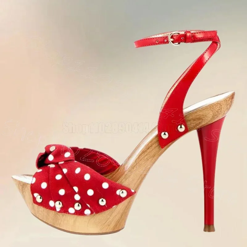 Red Wave Point Print Wooden Platform Sandals Buckle Strap Women Shoes Thin High Heels Open Toe Dating 2026 Zapatos Para Mujere