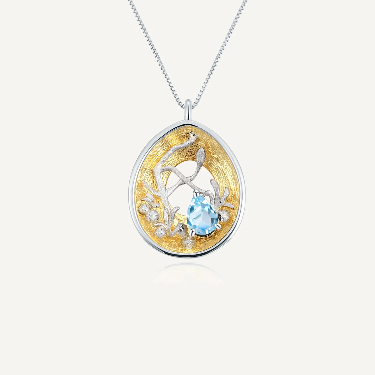 

GEM'S BALLET 925 Silver Gold Plated Handmade Branch Bud Pendant Natural Swiss Blue Topaz Gemstone Woman's Statement Necklace