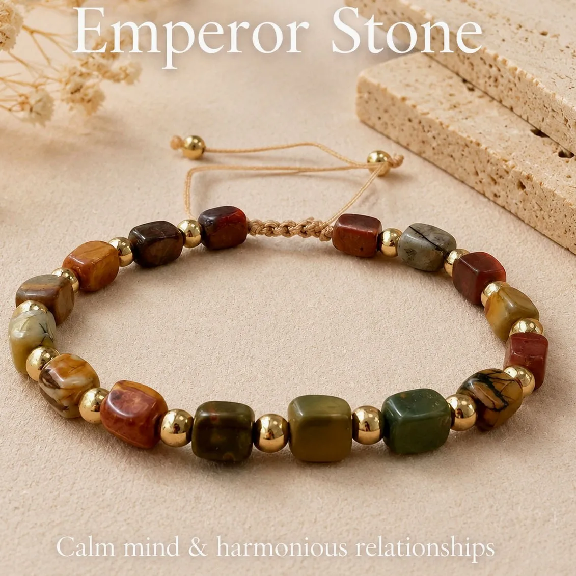 Natural Imperial Stone Square Beaded Bohemian Bracelet, Woven Adjustable Vintage Retro Handmade Jewelry for Women