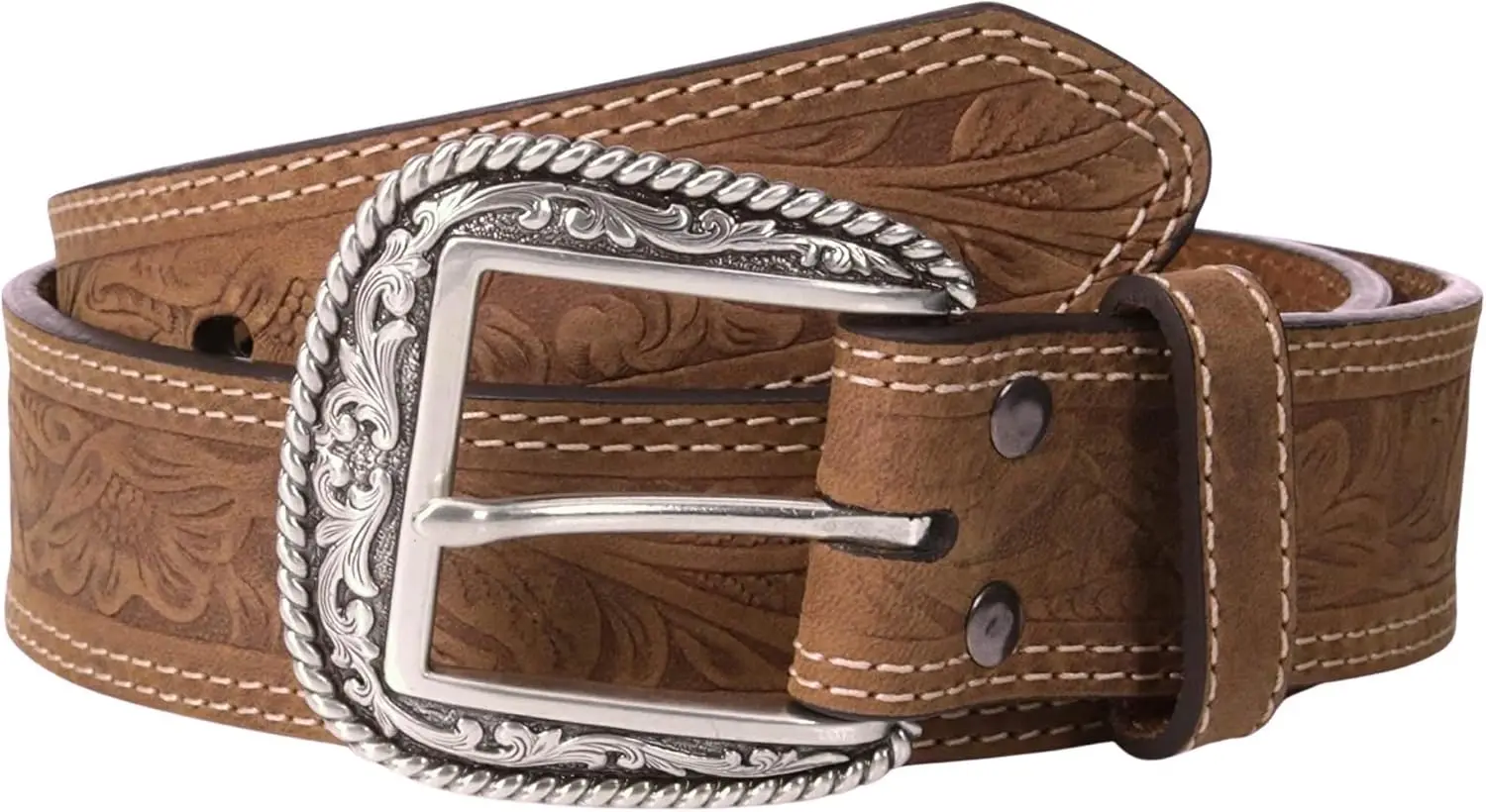 Men's Leather Belt with Floral Embossed Design, Durable and Stylish for Casual Wear