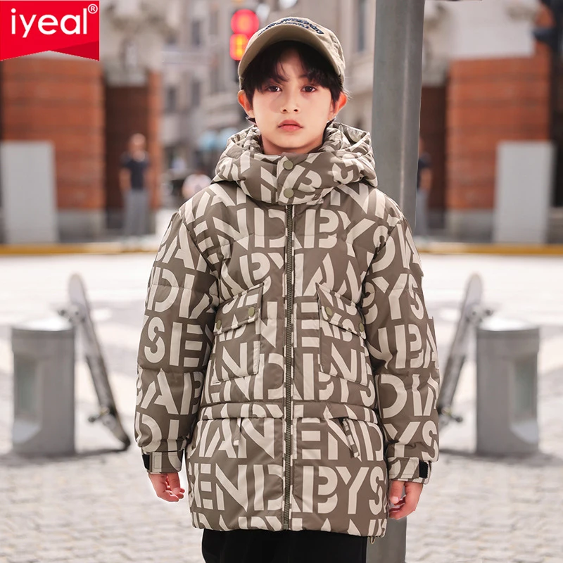 IYEAL Winter Kids Boys Hooded Warm Coat White Duck Down Parkas Medium Long Jackets  Children Outerwear for 4-12 Years