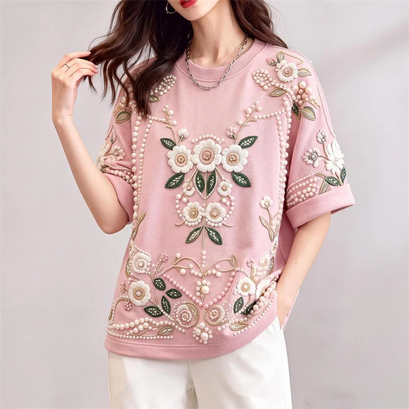 Fashion Heavy Industry Nail Beads Embroidery T-shirt Man Women T-shirt Blouse 2026 New Summer Printed Short Sleeved T-shirt Top