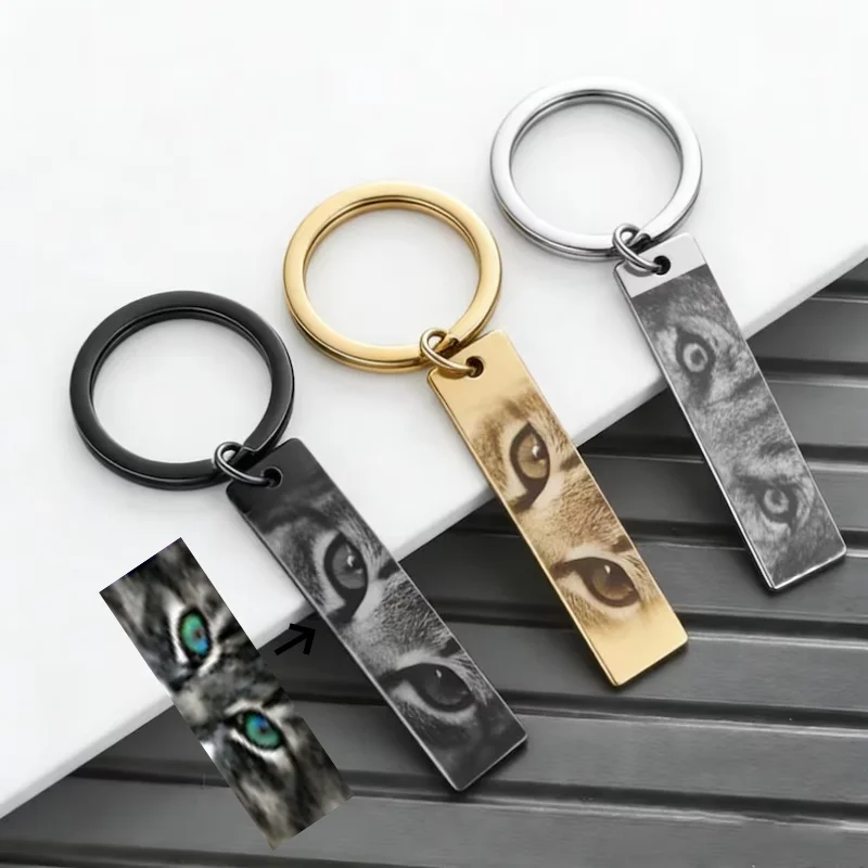 Custom Pet Eyes Engraved Stainless Steel Keychain Rectangle Bar Key Ring Personalized Animal Key Holder For Men Women