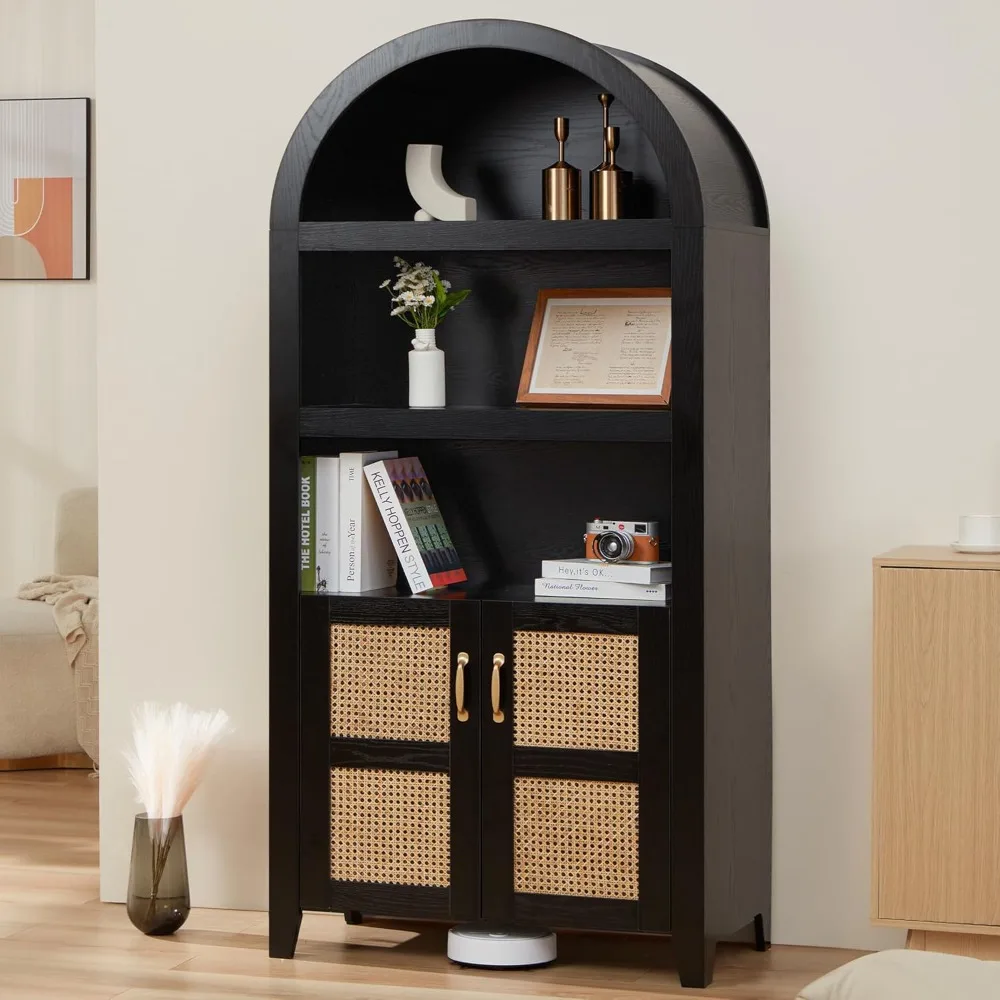 

72'' Arched Storage Cabinet with Beech-Rattan Door, Tall Arched Pantry Bookshelf with Adjustable Shelves, Modern Farmhouse Wood