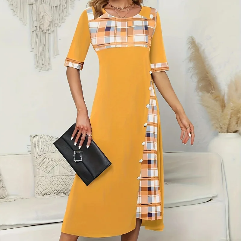 

New Fashion Printed Slim Button Dresses Women Summer Sexy And Elegant Contrast Color Plaid Irregular Round Neck Dress For Women