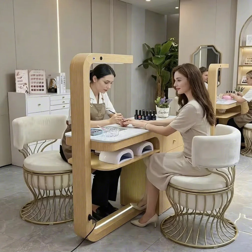 Modern Nail Salon Furniture Manicure Table And Chair Set With Dust Collector And Lamp Luxury White Marble Top