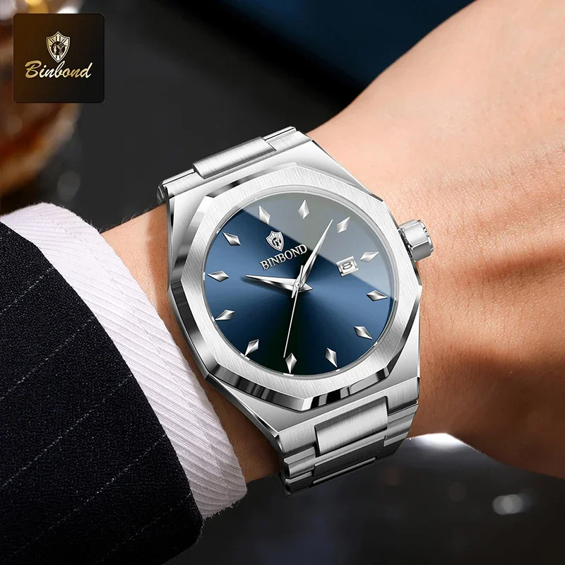 Binbond relógios masculinos de luxo à prova dwaterproof água data de negócios relógio de pulso masculino aço inoxidável esporte moda masculina relógio de quartzo