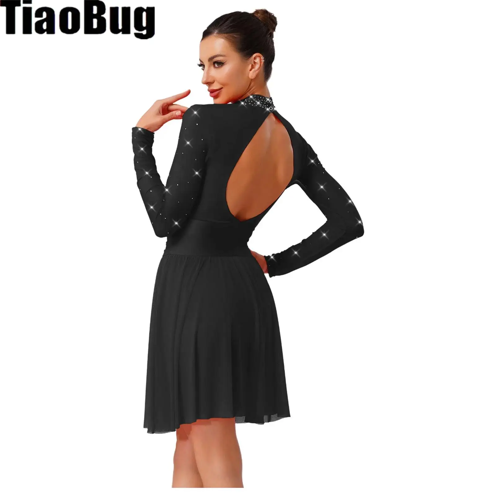 

Women Lyrical Dance Dress Figure Skating Leotards Dress Embroidery Rhinestones Hollow Back Long Sleeve Ruche Dresses