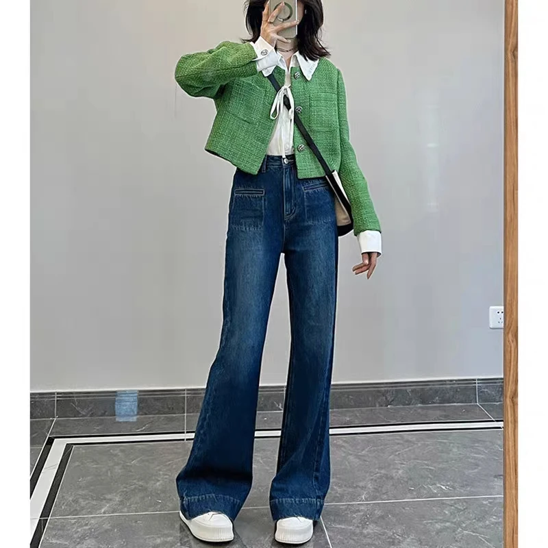 Women French Graceful Green Short Jacket Denim Wide Leg Pants 1 or 2 Piece Set Korean Lady Spring Autumn Coat Jeans Outfits 2023