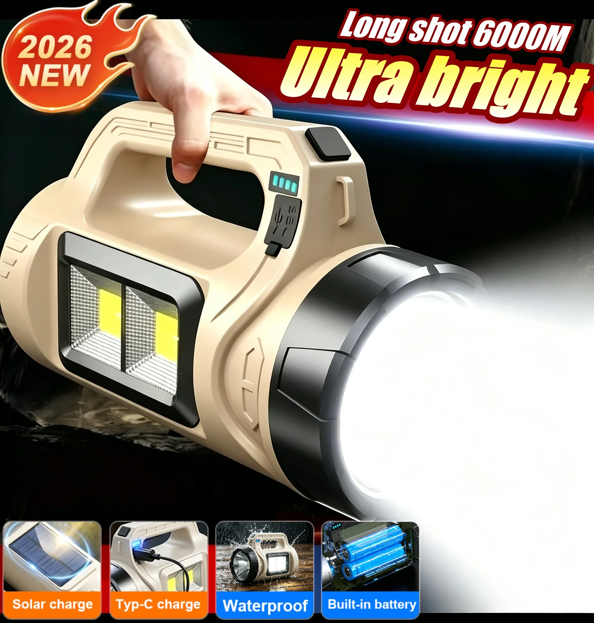 2026 New Ultra Bright Handheld Searchlight Long Shot 6000M Solar Rechargeable Flashlight COB Side Light Waterproof Camping Torch