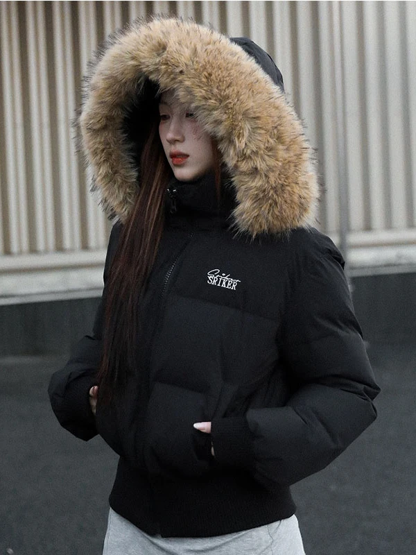 

Winter Short Puffer Jacket with Fur Collar Waist Cinching Thickened Fleece Hooded High Quality Large Fur Collar down Cotton O...