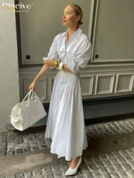 Clacive Fashion Loose White Cotton Dress Lady Casual Lapel Long Sleeve Ankle Length Dress Elegant Classic Dresses For Women 2025