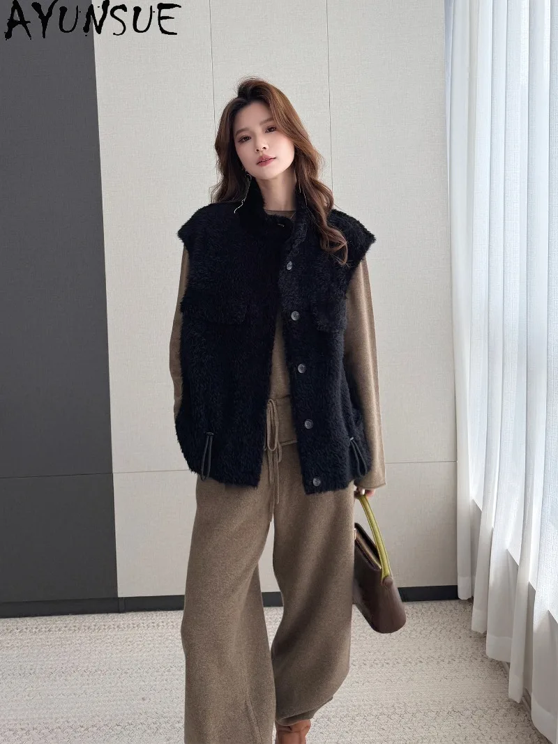 AYUNSUE Women Lagon Lamb Shearling Gilet Lightweight Fur Vest Waistcoat Ladies Autumn Winter Clothes Women Vest Slim Fit Fashion