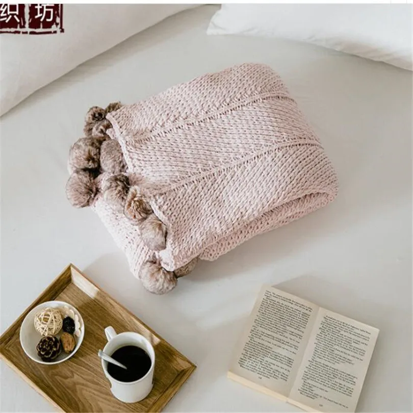 Knitted Blanket Nordic Style Sofa Throw Blankets Fur Pompom Bedspread Thread Blanket Bedding Quilt Soft Mantas Travel Blankets