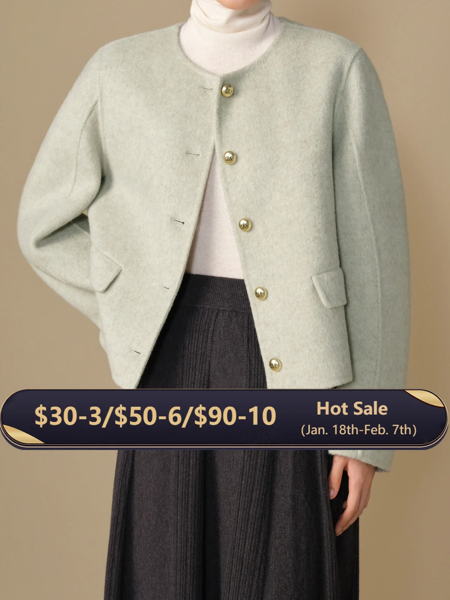 

DUSHU 88.2% Wool 5.6% Mulberry Silk Women Woolen Coats Short Round Neck Temperament Light Green Female Winter Jackets 24DS84131