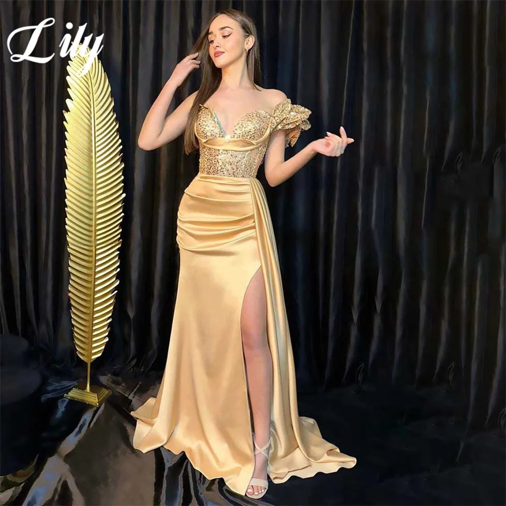 

Lily Gold Evening Gown Trumpet Sequin Prom Dresses Off The Shoulder Sweetheart Evening Dress with High Split robes de soirée