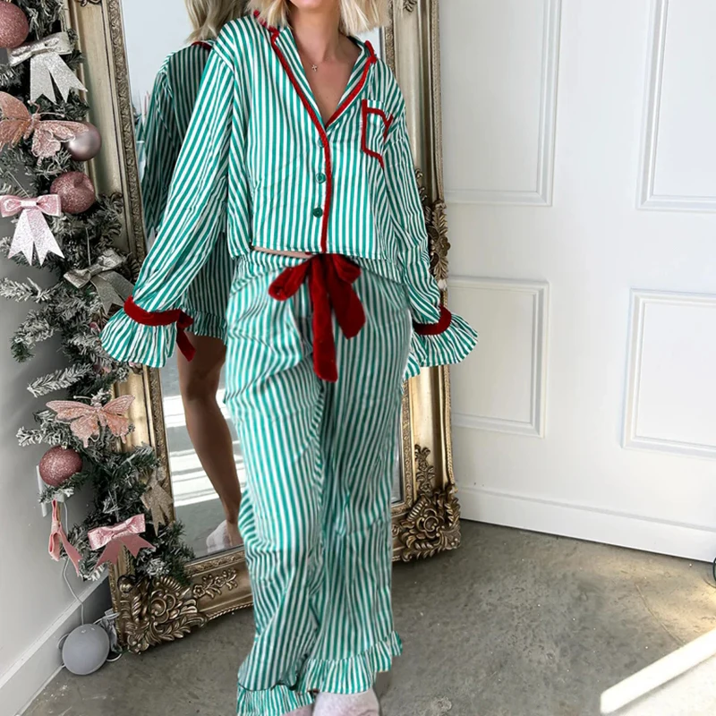 Women Holiday Christmas Pajamas Striped Button Up Crop Blouse Bowknot Long Sleeve Shirt Tops + Wide Leg Pants Lounge Sleepwear